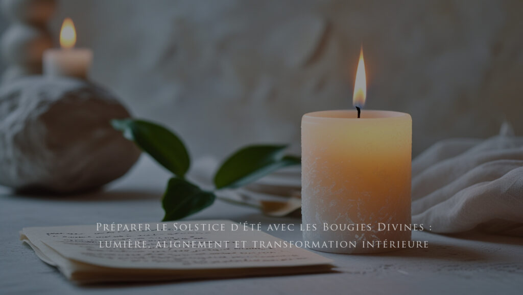 Bougie énergétique allumée dans un espace lumineux et épuré, rituel sacré pour le solstice d’été