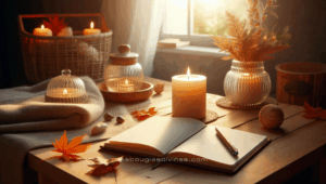 Bougie blanche simple allumée sur une table en bois clair, avec carnet, stylo et feuilles d’automne, lumière douce du matin.