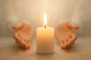 Bougie allumée entourée d’un halo lumineux avec des mains en recueillement.
