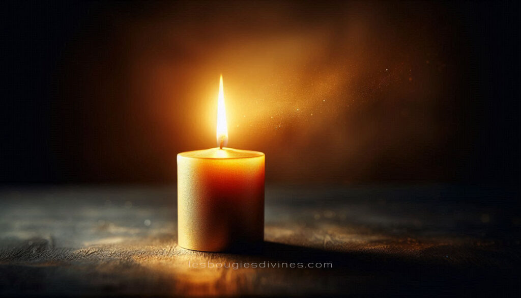 Flamme dorée d’une Bougie Divine entourée de deux mains ouvertes, symbole du dialogue lumineux entre l’âme et la lumière intérieure.