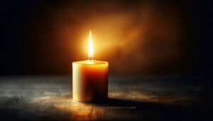 Flamme dorée d’une Bougie Divine entourée de deux mains ouvertes, symbole du dialogue lumineux entre l’âme et la lumière intérieure.