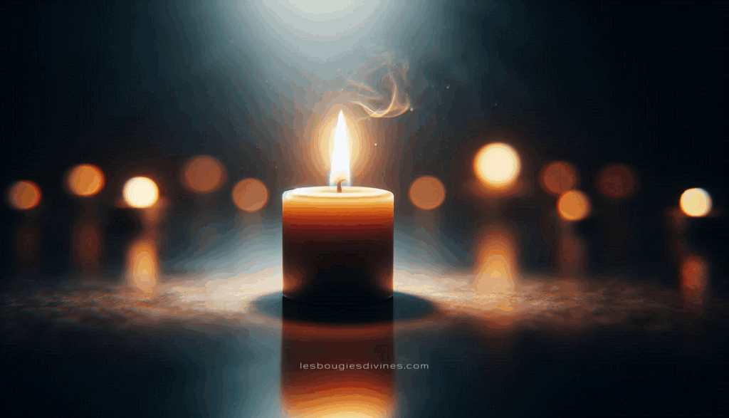 Bougie allumée dans la pénombre, entourée d’un halo de lumière douce.