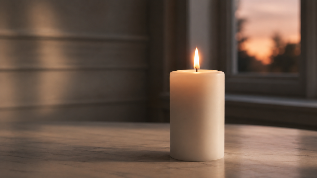 Une bougie blanche sans parfum, à la flamme calme, près de la fenêtre dans la lumière du soir.