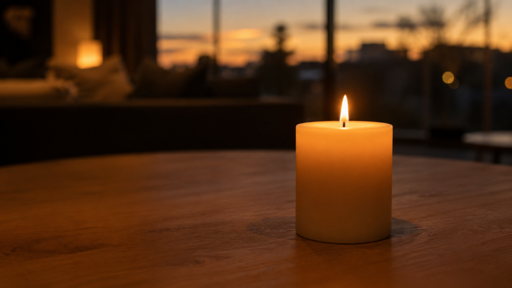 Une bougie blanche allumée le soir, sa flamme basse éclairant une pièce tamisée à la tombée du jour.