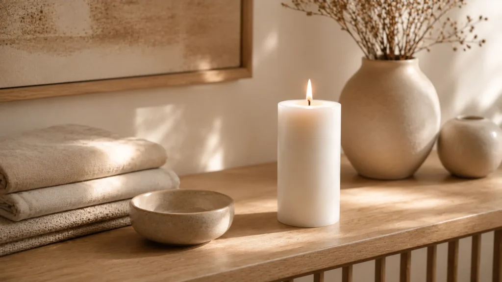 Bougie Divine, pilier de cire blanche à la flamme douce, sur une console en bois clair