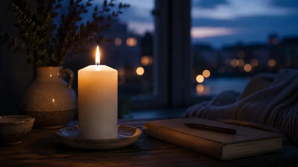 Bougie Divine allumée sur une table en bois foncé à l'heure bleue, lueur chaude de la flamme