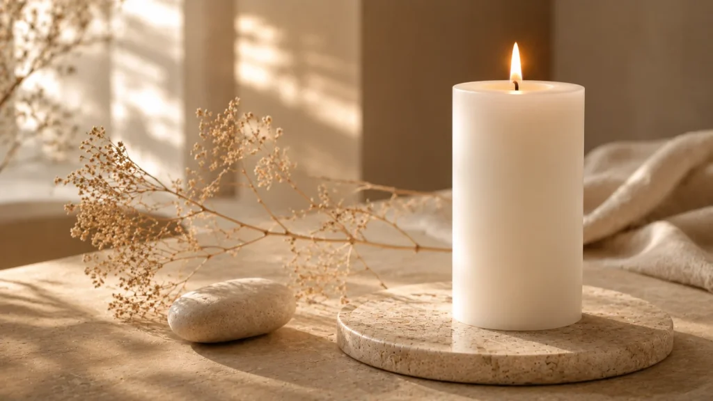 Bougie Divine, pilier de cire blanche à la flamme douce, sur un socle de travertin