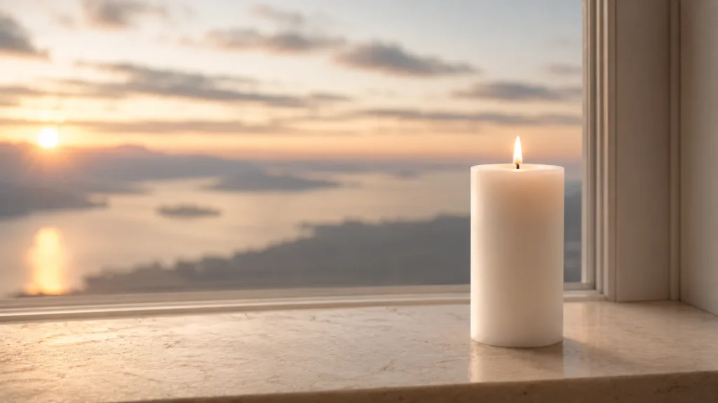 Bougie Divine, pilier de cire blanche à la flamme douce, devant une fenêtre ouverte sur l’horizon au lever du jour