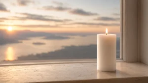 Bougie Divine, pilier de cire blanche à la flamme douce, devant une fenêtre ouverte sur l’horizon au lever du jour