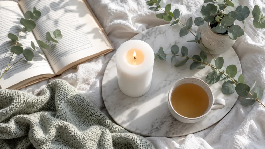 Bougie Divine blanche vue du dessus sur un lin froissé, avec un livre et de l’eucalyptus