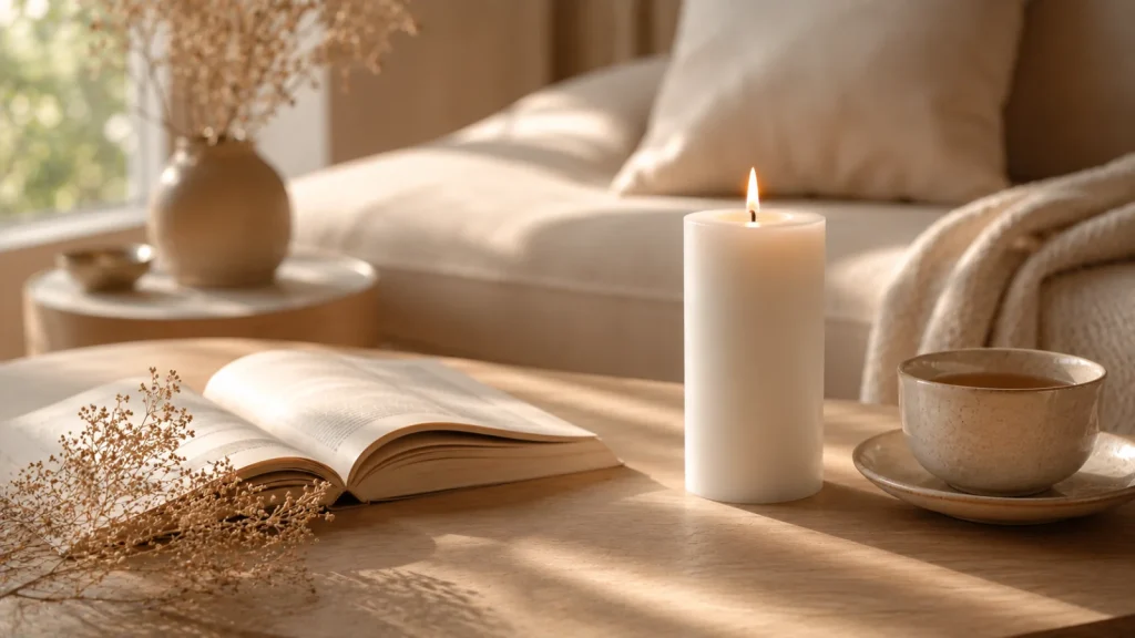 Bougie Divine, pilier de cire blanche à la flamme douce, dans un intérieur chaleureux avec un livre et une tasse