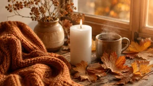 Bougie Divine blanche allumée près d’une fenêtre d’automne, feuilles dorées et plaid en laine