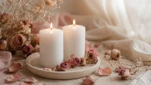 Deux Bougies Divines blanches allumées avec des roses séchées, tons rosés et poudrés