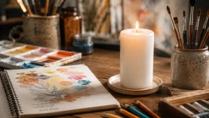 Bougie Divine blanche allumée sur un bureau d’artiste, carnet de croquis et pinceaux