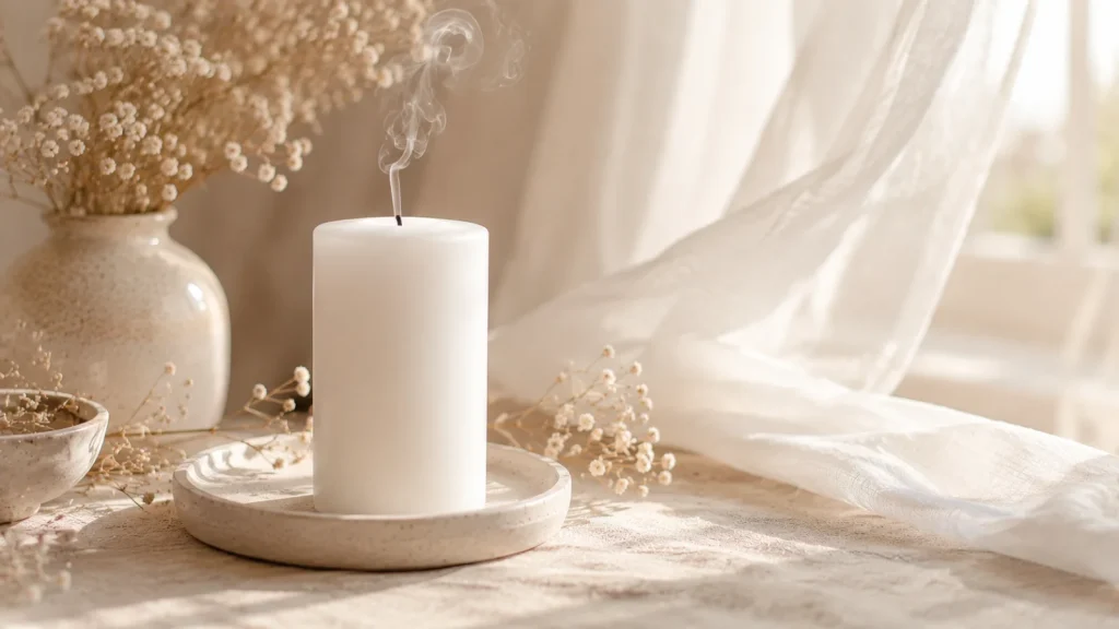 Bougie Divine blanche éteinte près d'une fenêtre voilée, léger voile de fumée dans une lumière douce et dorée