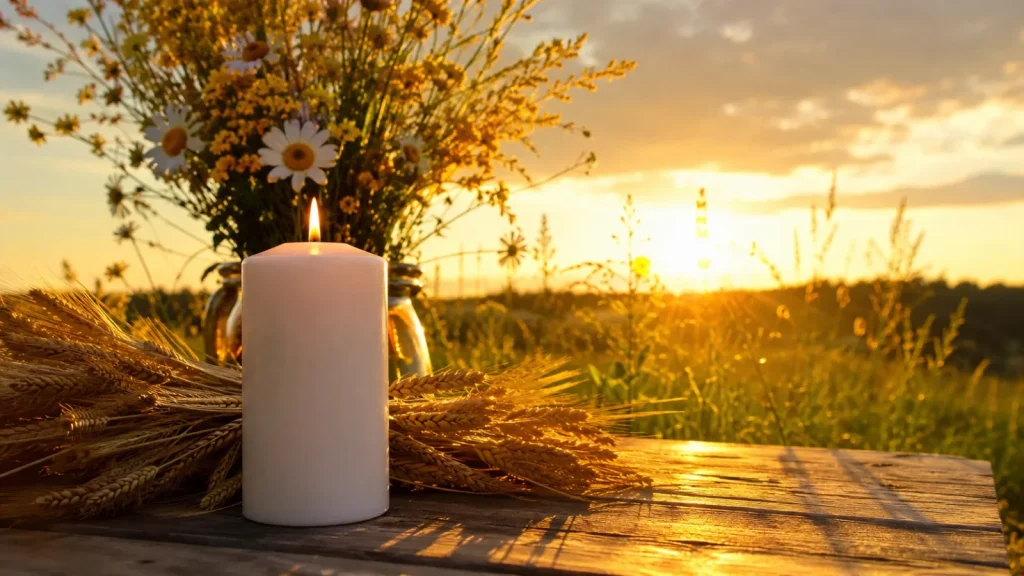 Bougie Divine blanche allumée sur une table de jardin, lumière dorée d’été et épis de blé