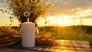 Bougie Divine blanche allumée sur une table de jardin, lumière dorée d’été et épis de blé