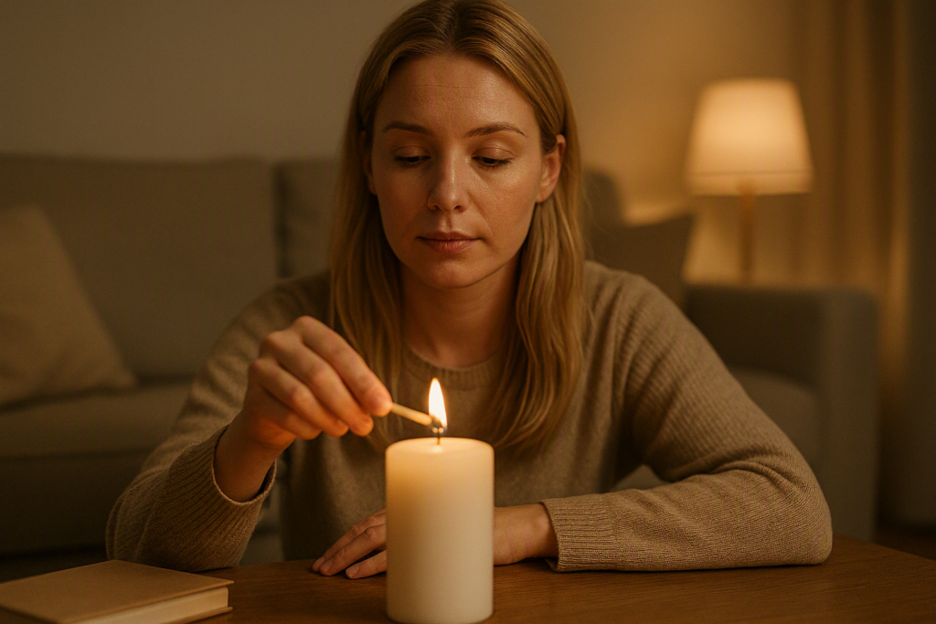 Femme allumant une bougie dans un salon, expression calme et neutre