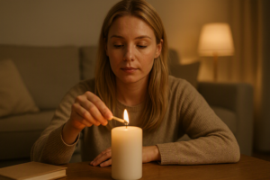 Femme allumant une bougie dans un salon, expression calme et neutre