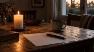 Bougie blanche allumée sur une table en bois à la tombée du jour, à côté d’une feuille portant une ligne manuscrite illisible, d’un stylo et d’une tasse