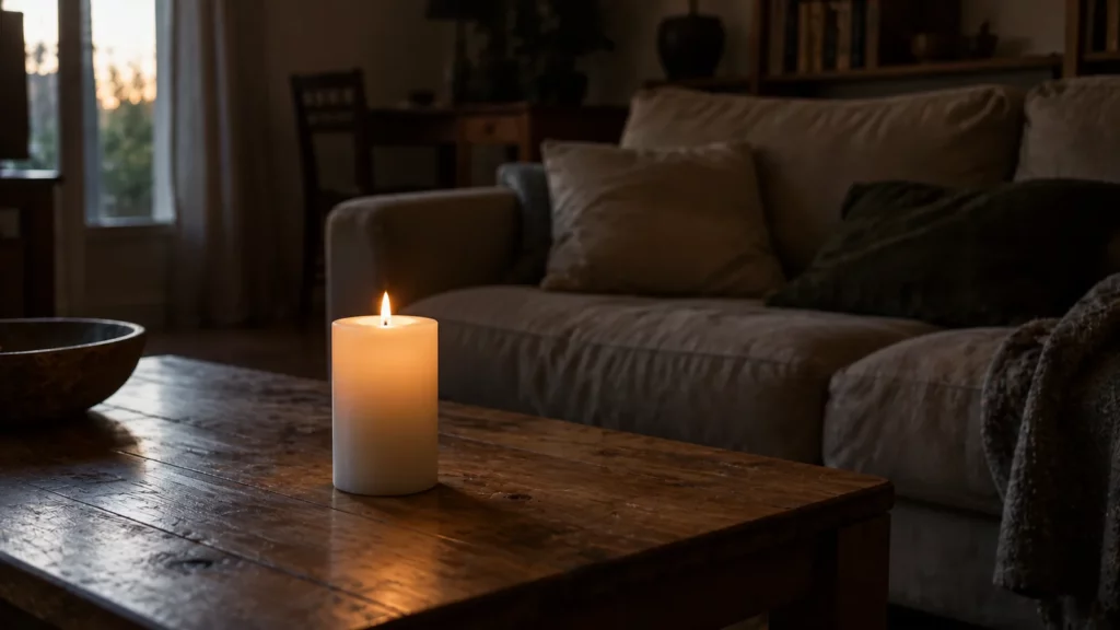 Bougie blanche allumée posée seule sur une table basse en bois, devant un canapé aux coussins affaissés, dans un séjour éclairé par la seule fin du jour à la fenêtre